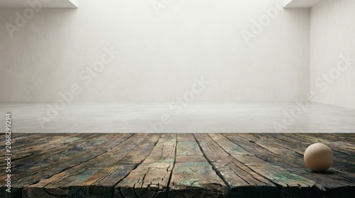 Minimalist Interior with Wooden Floor and Sphere on White Background