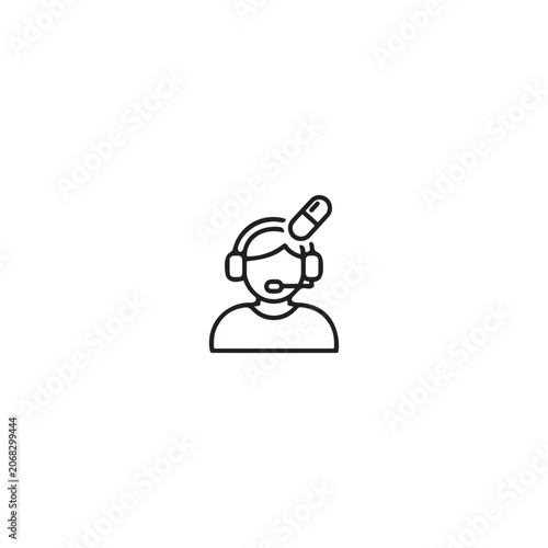 Healthcare support person wearing headset with pill icon above head.