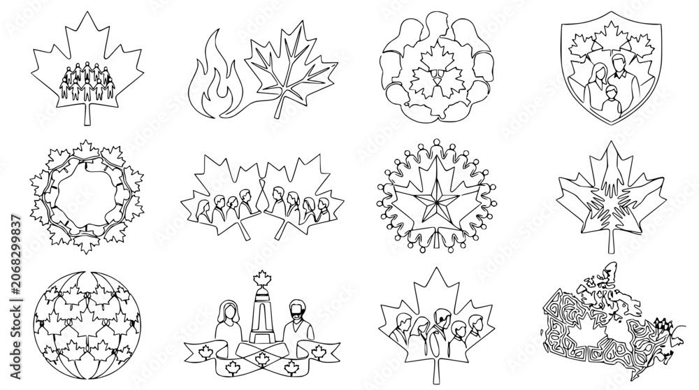 Obraz premium Canadian Maple Leaf Icons: Diversity, Unity, Flames, Shield, Map, Globe