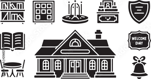 House icons set icons set, school icons, library icons, restaurant icons collection