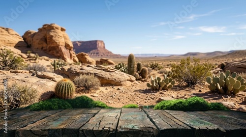 Rocky Desert Landscape with Cacti and Clear Blue Sky in sunlight