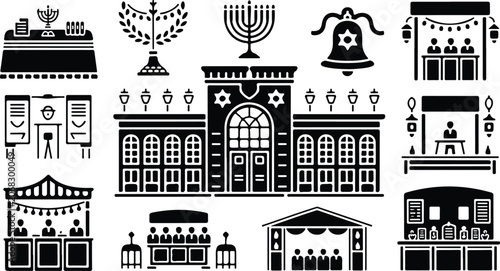Synagogue, Jewish Temple, Menorah Icons, Black Vector Illustrations