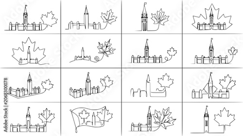 Photos Parliament Hill and Maple Leaf Continuous Line Drawing Collection - Canada Icons