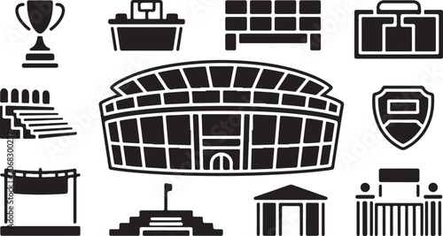 Sports stadium, arena icons, athletic symbols, black and white graphics