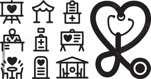 Medical icons, healthcare symbols, stethoscope heart, hospital signs