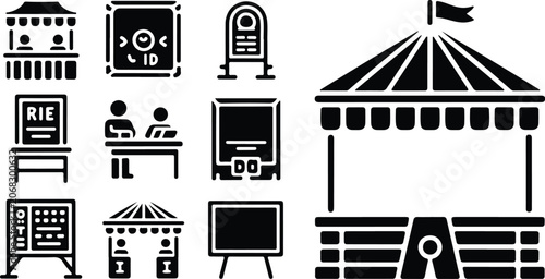 Carnival, amusement park, fair icons, black and white, vector graphics
