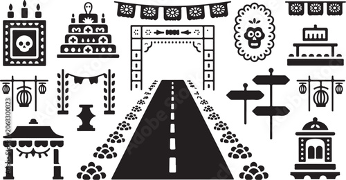 Day of the Dead icons set, Mexican sugar skulls, road, roadside attractions, vintage banners, vector