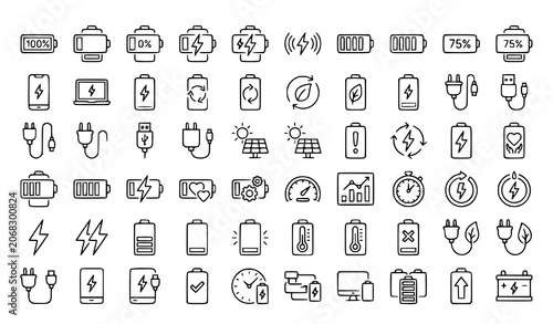Schilderij op canvas Battery and Charging Line Icon Set