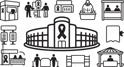 Breast Cancer Awareness Icons, Black Line Art, Vector Graphics, Medical Symbols