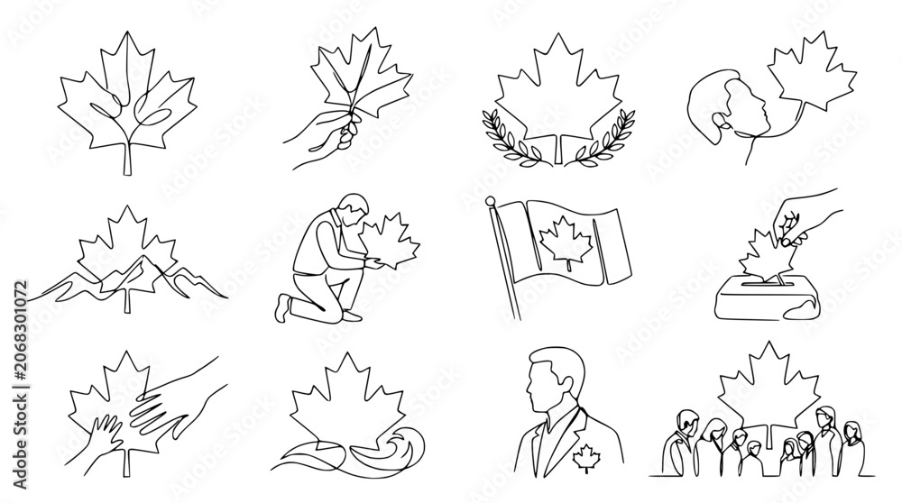 Fototapeta premium Canadian Maple Leaf Line Art Collection: Symbols of Canada