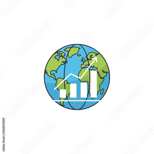 Minimal growth strategy icon featuring a global map with a rising financial bar chart and arrow