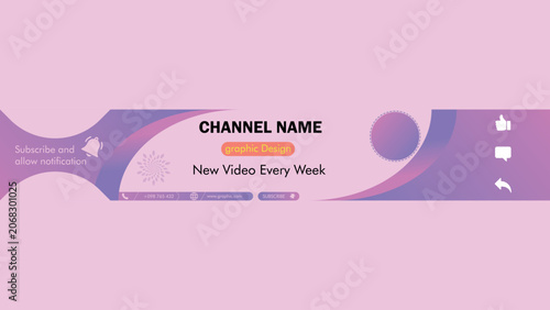Modern YouTube channel banner template with pink and purple fluid gradient shapes, social media cover vector