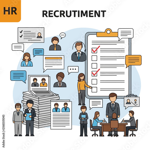 Flat design illustration of human resources recruitment process, job interview, candidate selection and resume evaluation