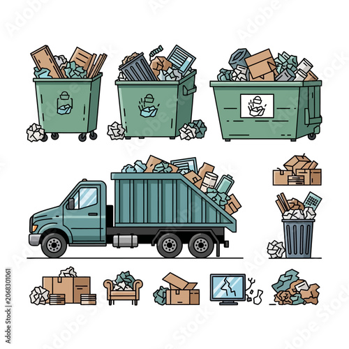 Vector Illustration Set of Garbage Truck, Trash Bins, and Waste Containers for Urban Sanitation and Recycling Services