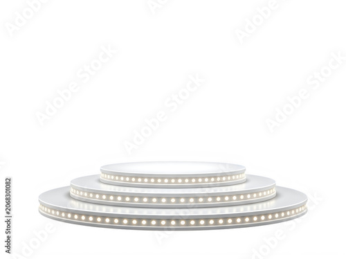 Modern white round podium stage for product display with glowing lights around the edges isolated on transparent background