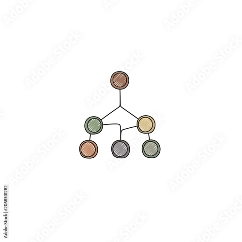 Vector Illustration of a Hand Drawn Organizational Hierarchy Chart and Connected Node Network Diagram for Business Planning