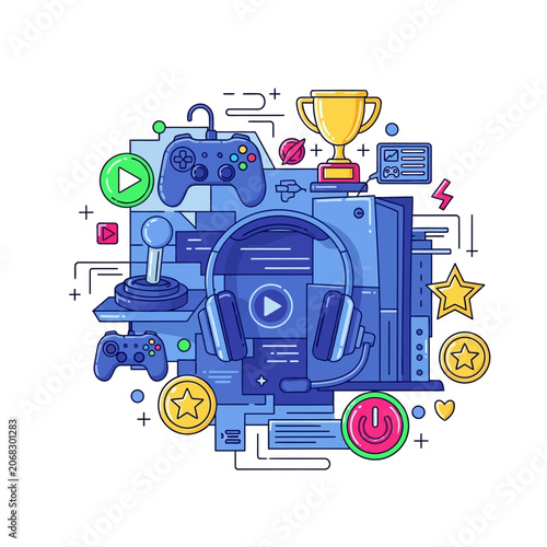 Vector illustration of gaming equipment, trophy, and game pad for digital entertainment and online gaming concepts