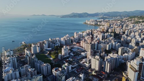 High Angle Aerial Shot of Florianopolis Beira Mar Norte Cityscape with Skyscrapers Public Park and Ocean Bay