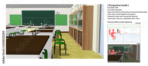 Foto アニメーションの背景に使える【学校の理科室】

（本作品は 3Dソフトを用いて数学的に正確なパースで制作しております。 昨今の生成 AI画像との識別の助けとなり