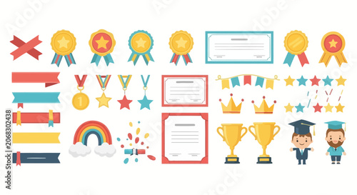 Obraz na plátne Achievement awards and graduation icons with cute characters