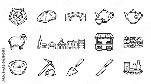 British Countryside Icons: Yorkshire Rose, Sheep, Train, Village, Bridge, Tea