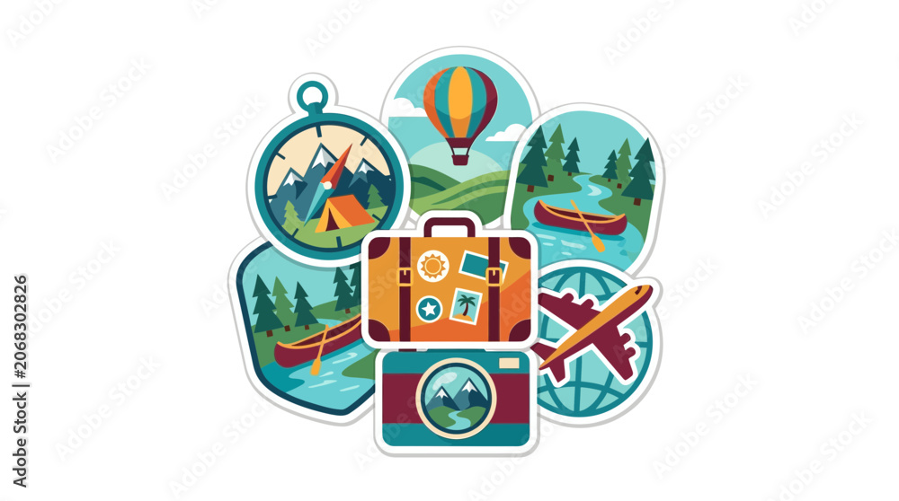Naklejka premium Travel and adventure icons with suitcase and camera