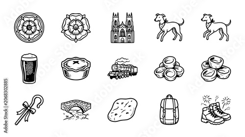 Fotografie Vintage British Icons Set: Roses, York Minster, Dogs, Beer, Pie, Train, Boots &