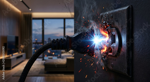 Dangerous electrical fire at wall outlet with black burnt plug smoking and sparking showing massive overload failure in modern living room.