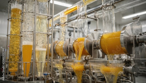 Medium shot capturing juice flowing through centrifuges and filtration units emphasizing the clarity and purity achieved during the beverage clarification stage.