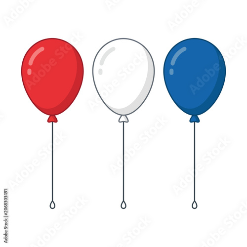 Set of Three Patriotic Red White and Blue Party Balloons with Strings Isolated on a Plain White Background