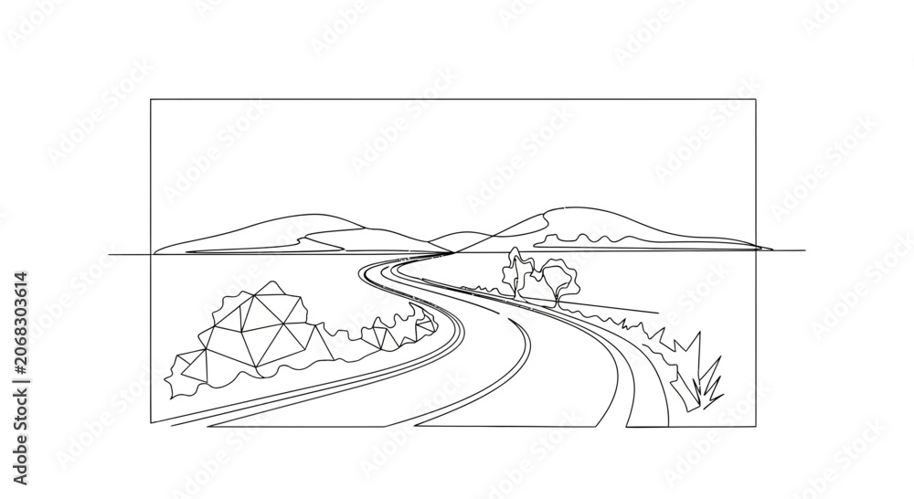 Fototapeta premium Winding Road Through Rolling Hills Landscape - Vector Line Art