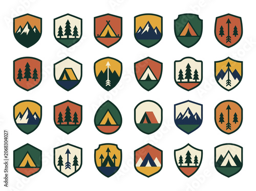 Foto Minimalist Outdoor Adventure Badge Set - Vintage Camping, Mountain, and Wilderne