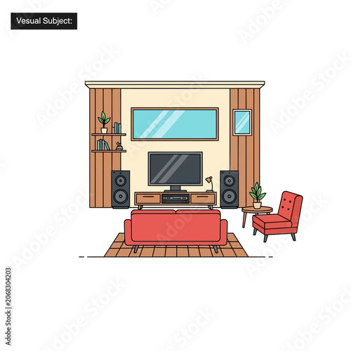 Modern Living Room Interior with Home Theater System and Cozy Red Furniture