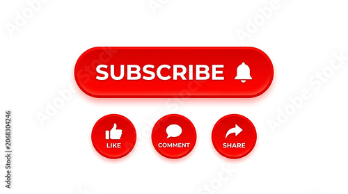 Youtube subscribe button with like comment and share icons isolated on white background
