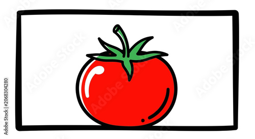 Vibrant Red Tomato Icon with Green Stem and Leaves, Simple Cartoon Style