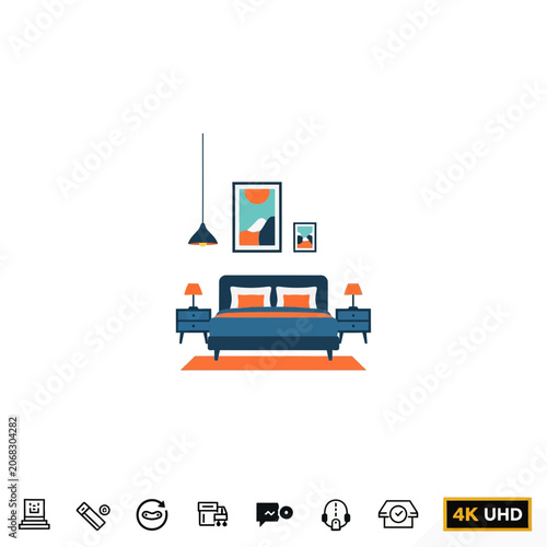 Modern Minimalist Master Bedroom Interior with Navy Blue Bed and Orange Accents Illustration