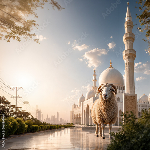 White Mosque with Sheep at Golden Hour Sunrise