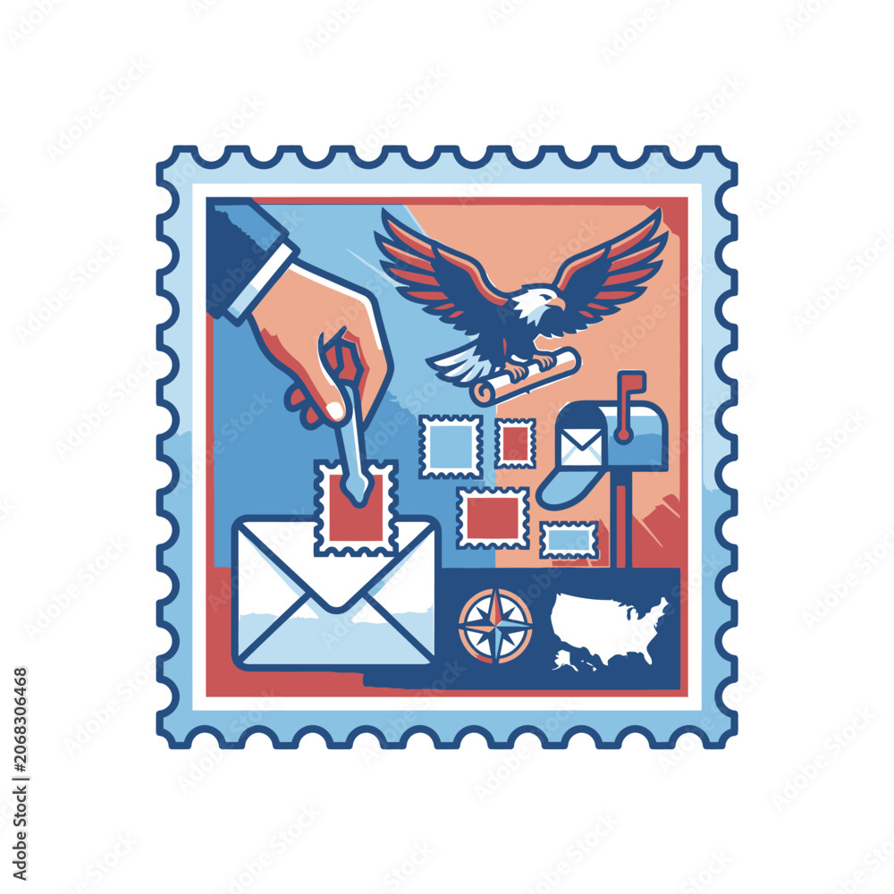 Obraz premium Vintage postage stamp featuring eagle and mailbox symbols.