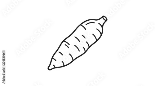 A simple black and white line art illustration of a single sweet potato.