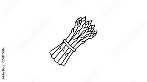 A simple black and white line art illustration of a bundle of fresh asparagus stalks.