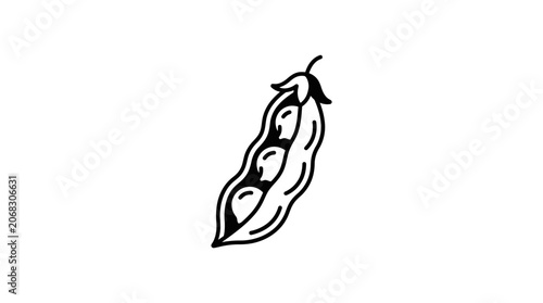 A simple black and white line art illustration of an open pea pod with three peas inside.