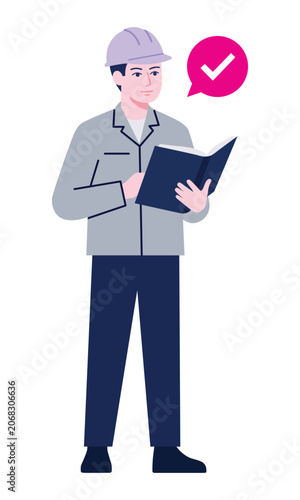 A full-body vector illustration of a male worker in a helmet walking and checking a binder.