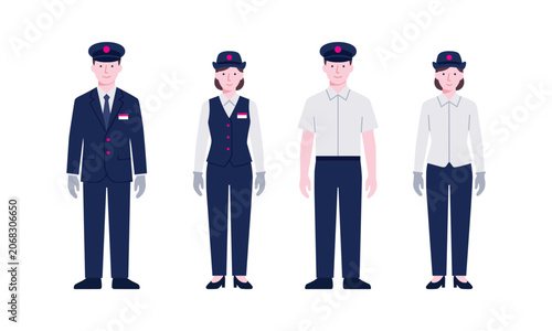 A set of full-body illustrations of four male and female station staff/railway crew members (uniforms, summer uniforms, and winter uniforms).