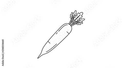 A simple black and white line art illustration of a fresh carrot with green leafy tops.