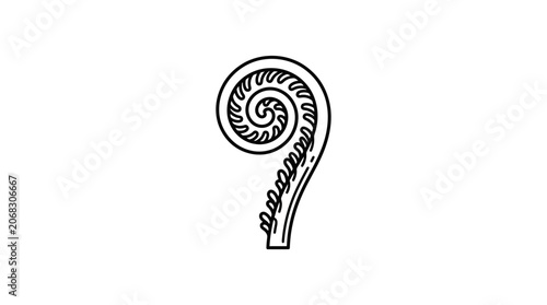 A black and white line art illustration of a koru fern frond.
