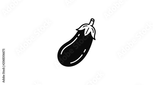 A simple black and white line art illustration of a fresh eggplant vegetable.