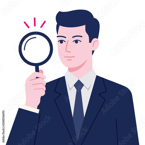 Business people checking security and quality. A man in a suit inspects and checks with a magnifying glass.