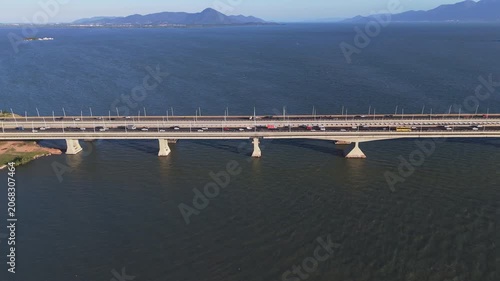 Aerial View of Pedro Ivo Campos and Colombo Salles Bridges with City Traffic and Ocean Coastline in Florianopolis Santa Catarina Brazil