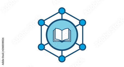 Networked hexagon icon with open book representing knowledge and learning resources.