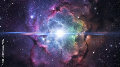 A bright supernova explosion glows within a colorful cosmic nebula